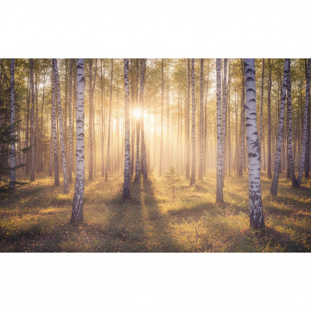 Solig björkskog i Sverige, lugn naturstämning